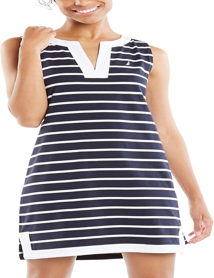 Nautica Vestido Polo De Algodón Elástico Sin Mangas Con Cuello En V Y Rayas Breton Vestido Casual Para Mujer