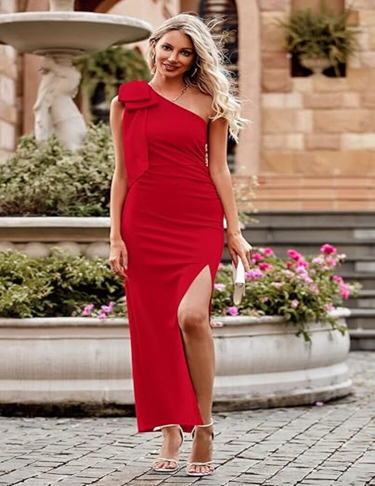 PRETTYGARDEN Vestido Largo Formal De Verano Para Mujer, Con Un Hombro, Sin Mangas, Fruncido, Entallado, Con Abertura Para Invitados