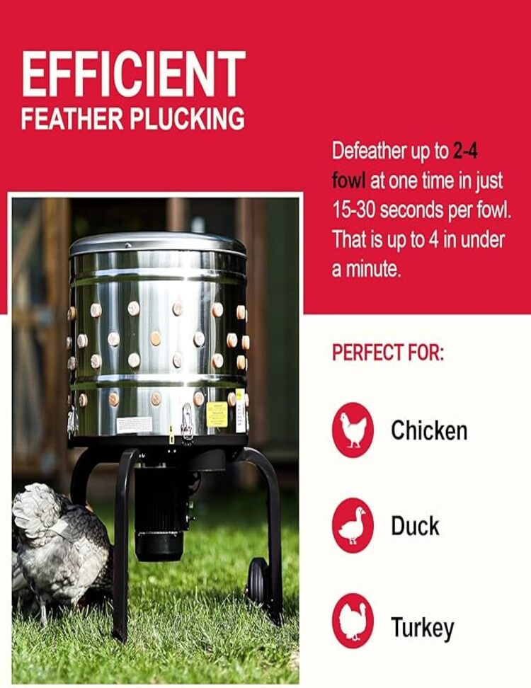 Kitchener - Removedor De Plumas De Pollo Para Aves De Corral Y Aves De Corral Procesador De Alimentos Eléctrico De Acero Inoxidable Resistente 1HP 120VAC 280RPM Conector GFCI 92 Dedos Suaves De 20 Pulgadas De Diámetro Del Tambor