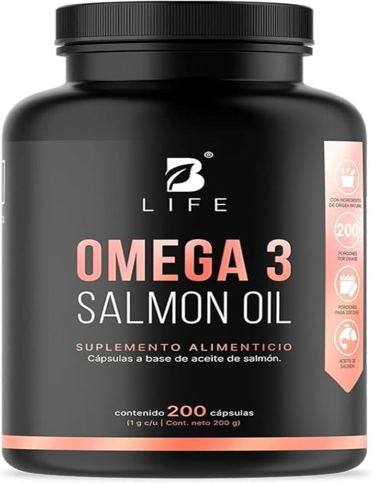 Omega 3 Aceite Puro De Salmón De 200 Cápsulas Con 1000 Mg Por Porción. Ingredientes Naturales. Omega 3 Salmon Oil B Life Suplemento Alimenticio