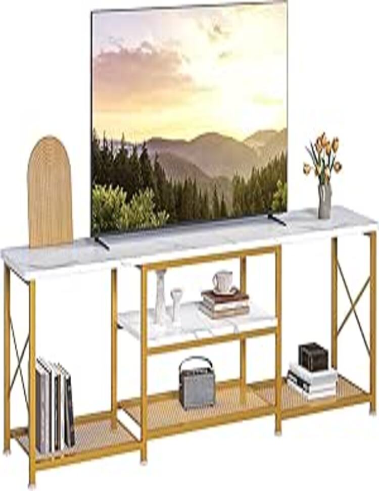 SIMPLE ESPACIO Mueble Para TV,160 CM Grande Mesa Para TV,Mesa Grande Centro De Entretenimiento Con 2 Niveles Abiertos,Para Televisor De 65 Pulgadas,Tamaño Es 160 CM × 30 CM × 53 CM.(Blanco Marmol)